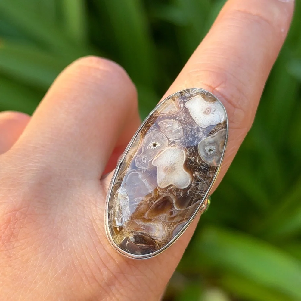 Size 9.5 925 silver plated druzy stick‎ agate ring 0686